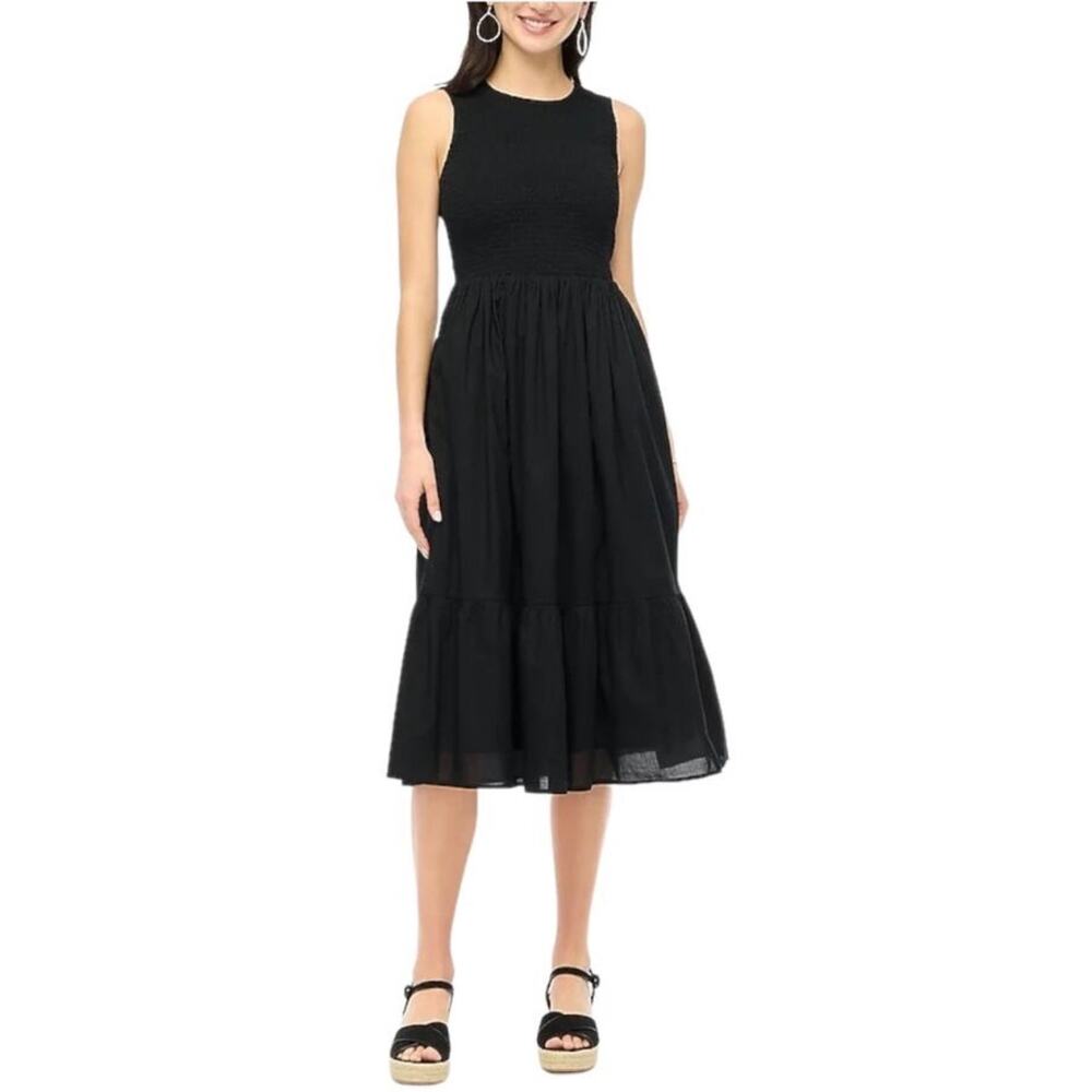J.Crew Factory Smocked Midi Dress Women's PL Petite Black Sleeveless Cotton NWT